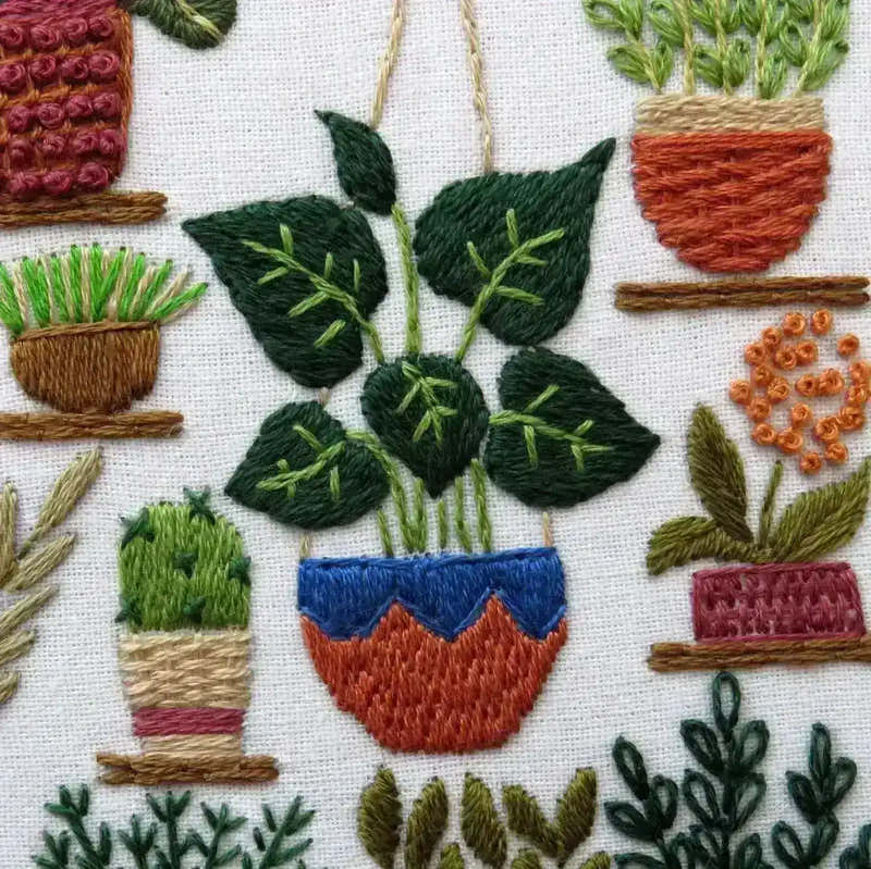 Embroidered pattern of potted plants on a white background