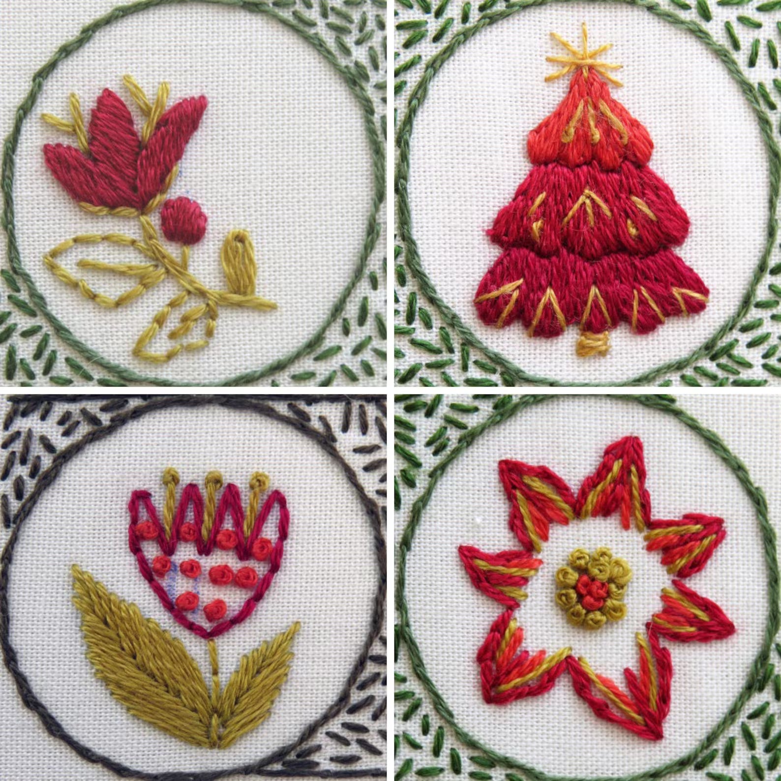 Four embroidered designs featuring flowers and a Christmas tree on a white background with green borders.