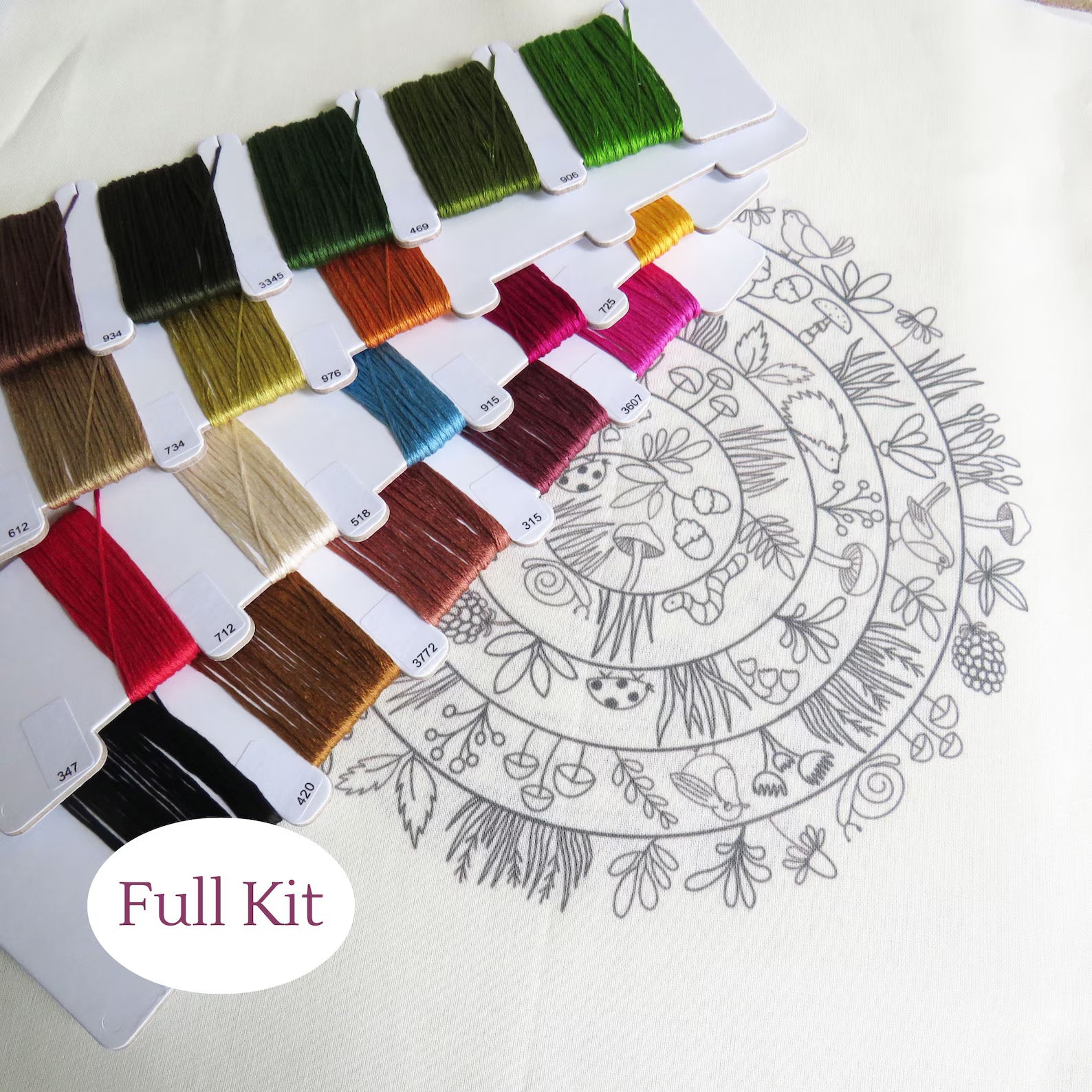 Embroidery thread color swatches with a mandala design on a white background