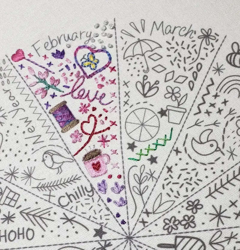 Embroidery design with months and decorative elements on a white background
