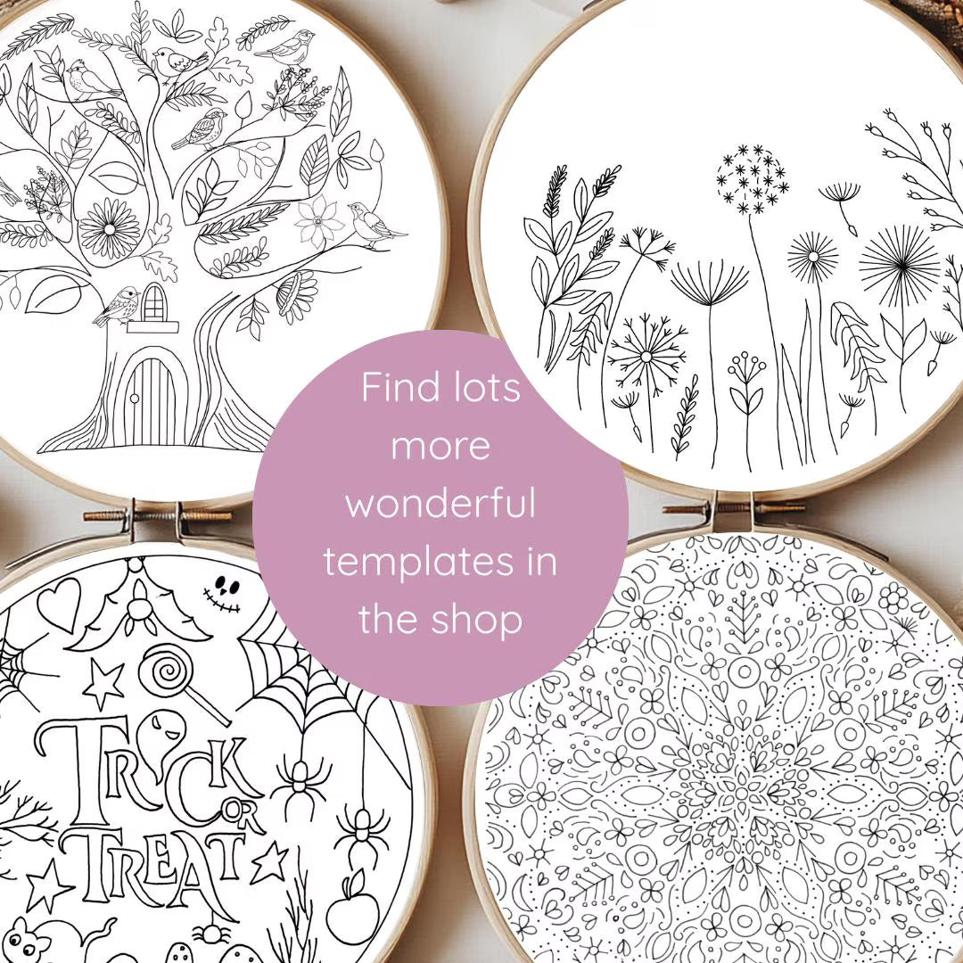 Four embroidery hoops with black line art designs on a white background, with a purple text overlay.