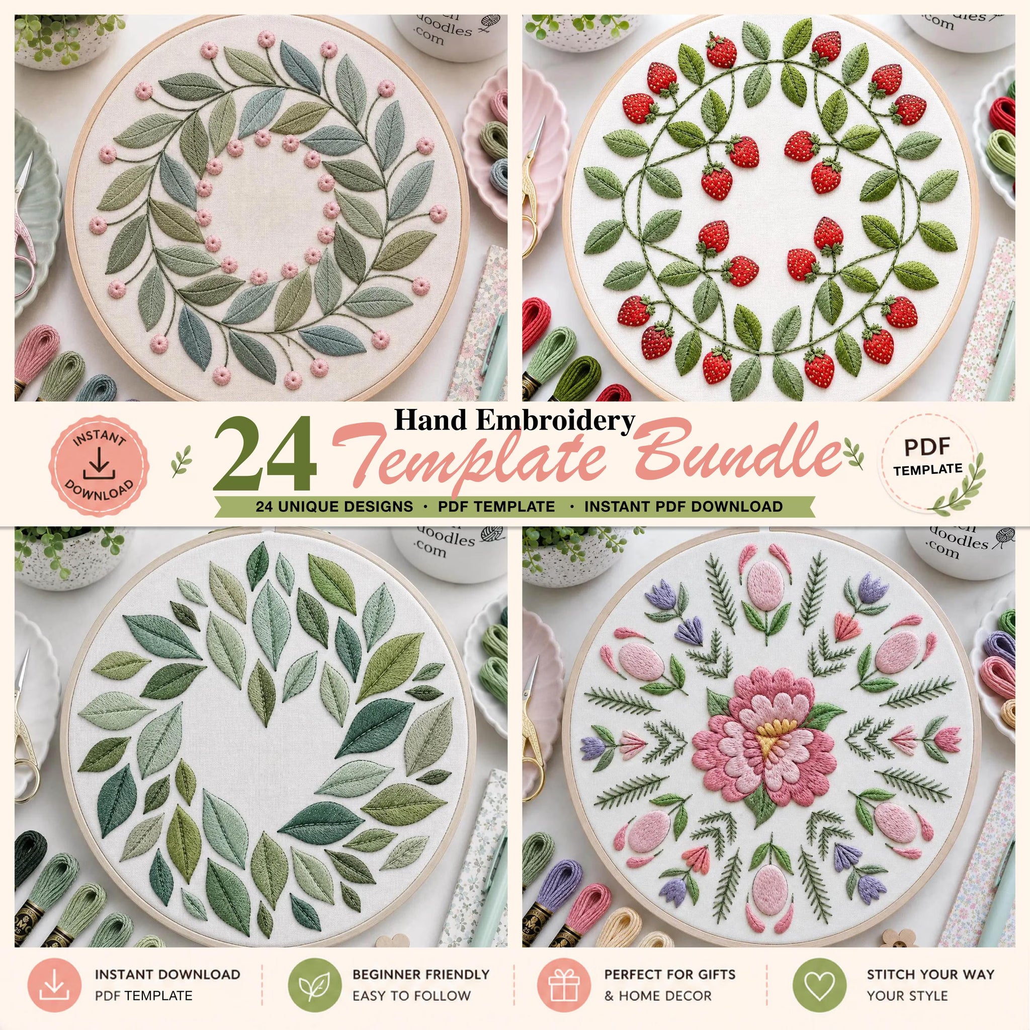 Hand embroidery template bundle with various designs on a white background