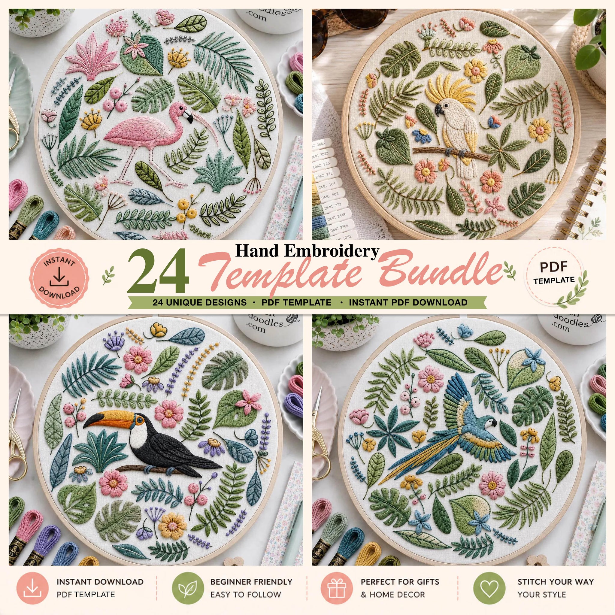 Collage of hand embroidery templates with birds and floral designs, featuring text about a template bundle.
