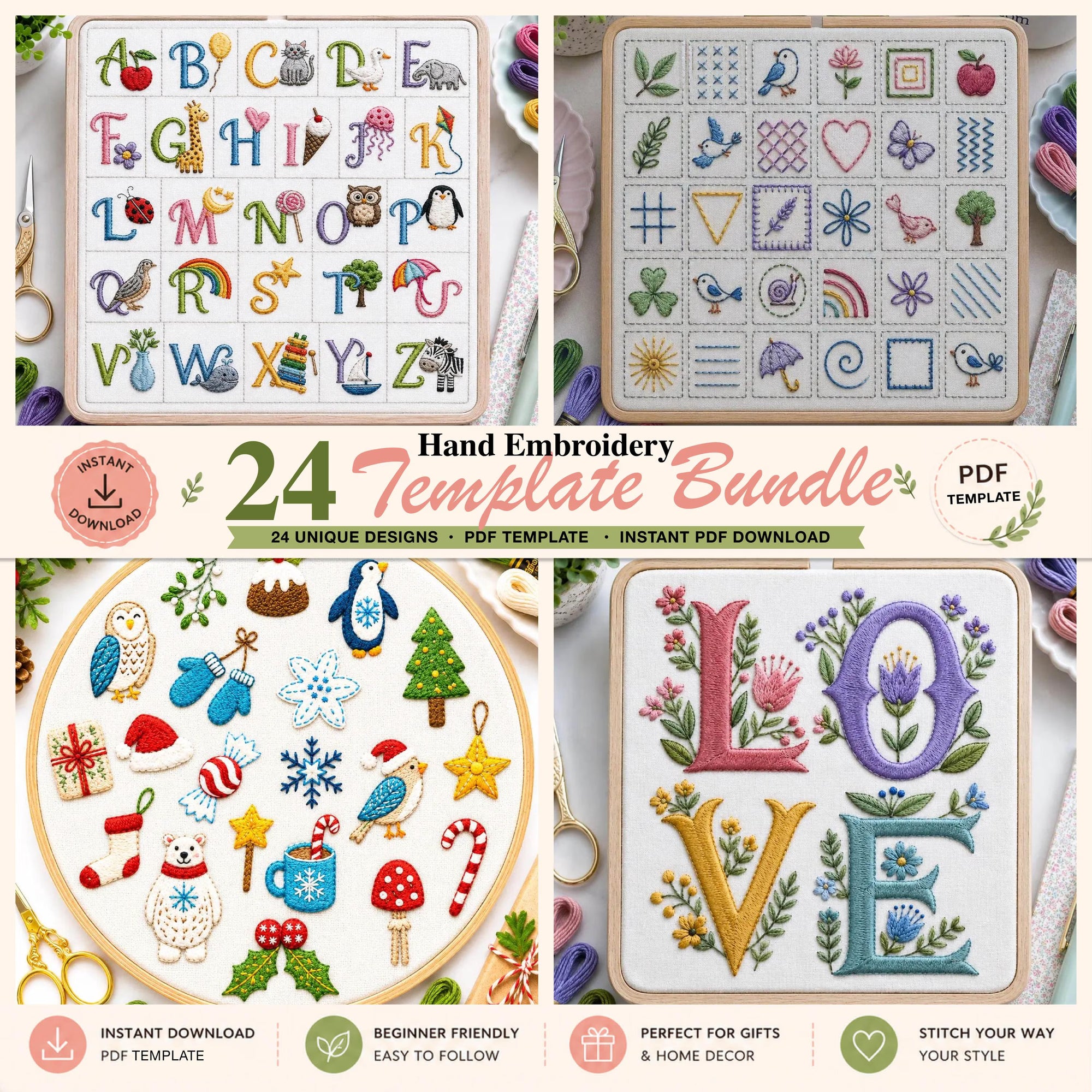 Hand embroidery template bundle with various designs on a white background.