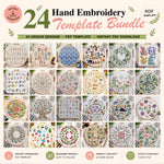 24 Hand Embroidery Template Bundle with various designs on a white background