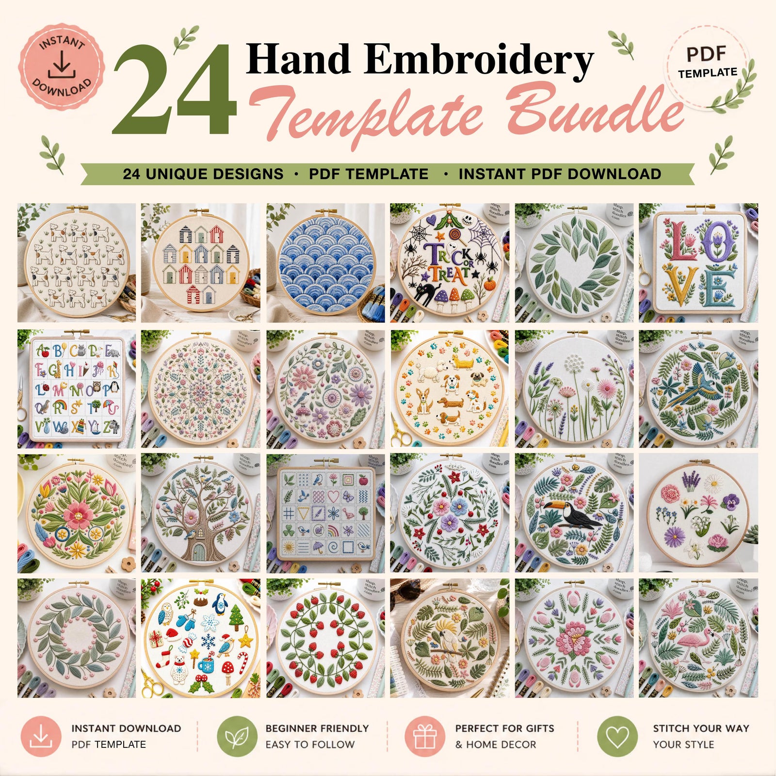 24 Hand Embroidery Template Bundle with various designs on a white background