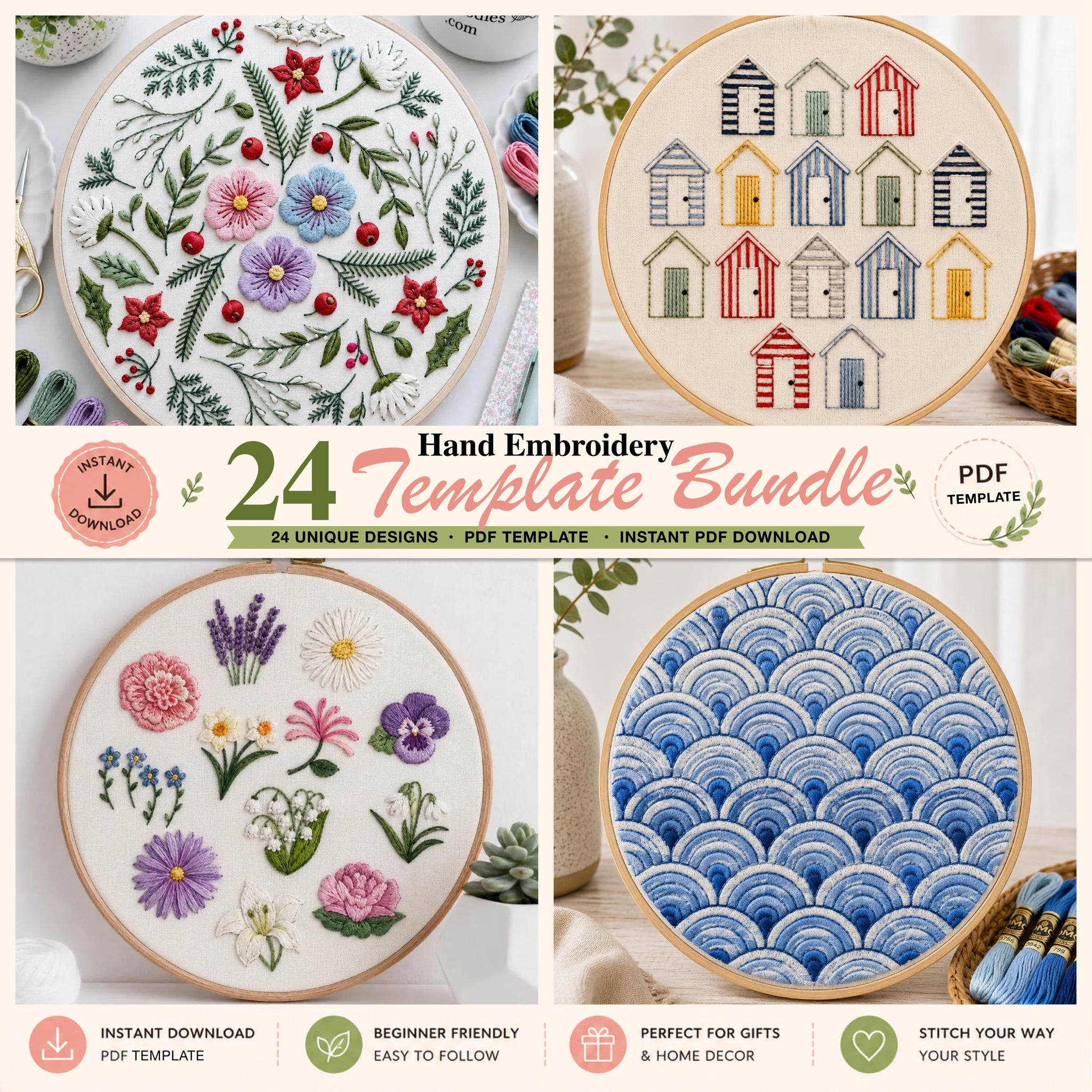 Hand embroidery templates with floral, beach hut, and wave patterns, featuring text about a template bundle.