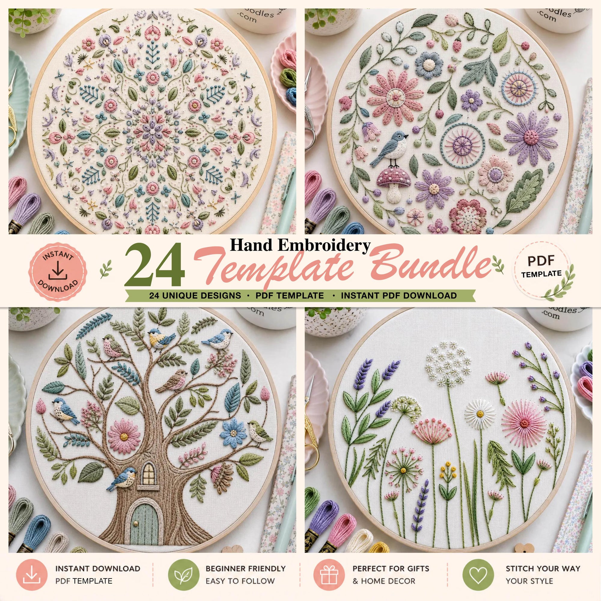 Hand embroidery template bundle with various designs on a white background