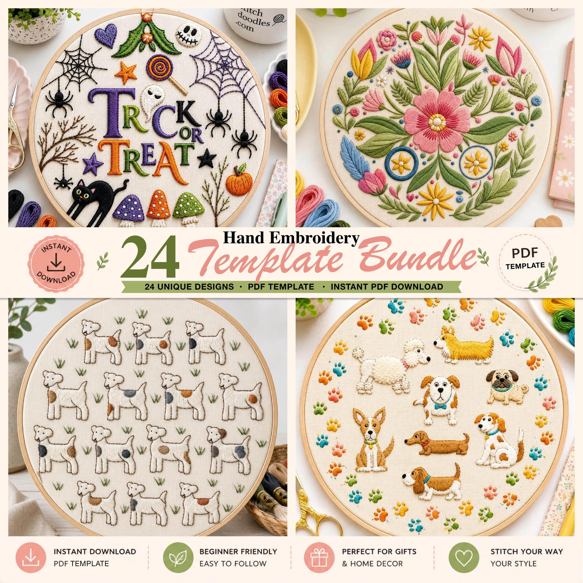 Hand embroidery template bundle with various designs on wooden hoops.