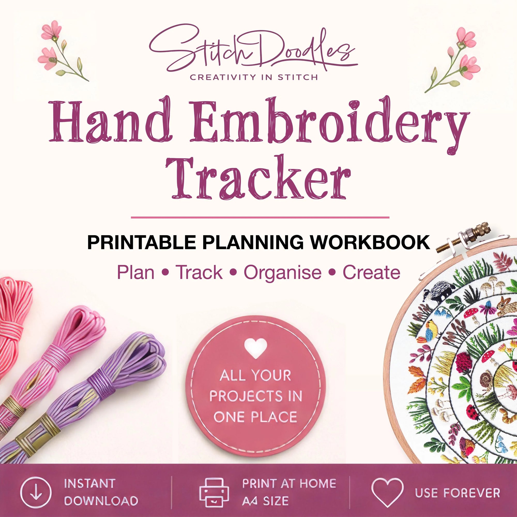 Printable Embroidery Planner Workbook for Tracking Threads, Patterns, Stitches & Projects