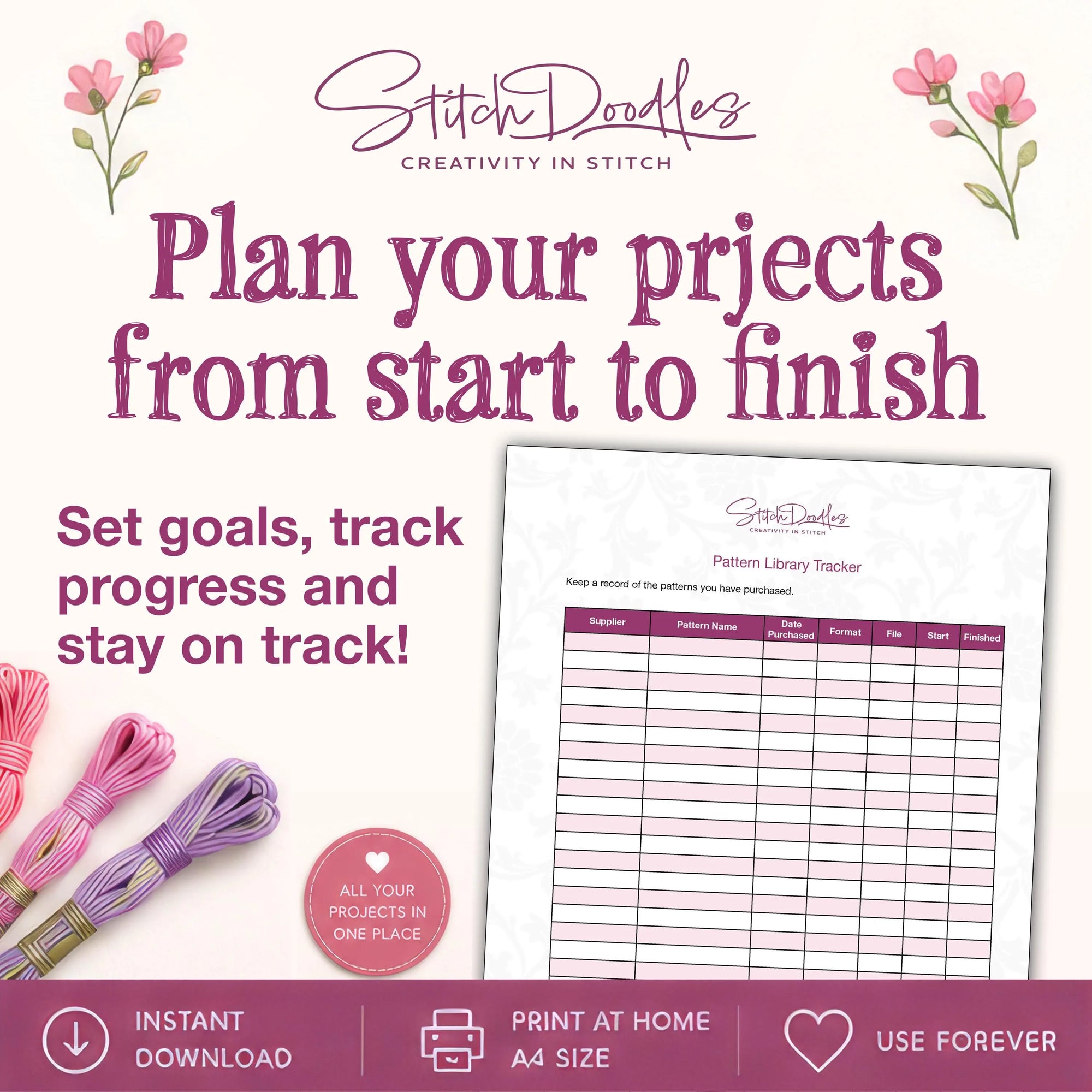 Printable Embroidery Planner Workbook for Tracking Threads, Patterns, Stitches & Projects