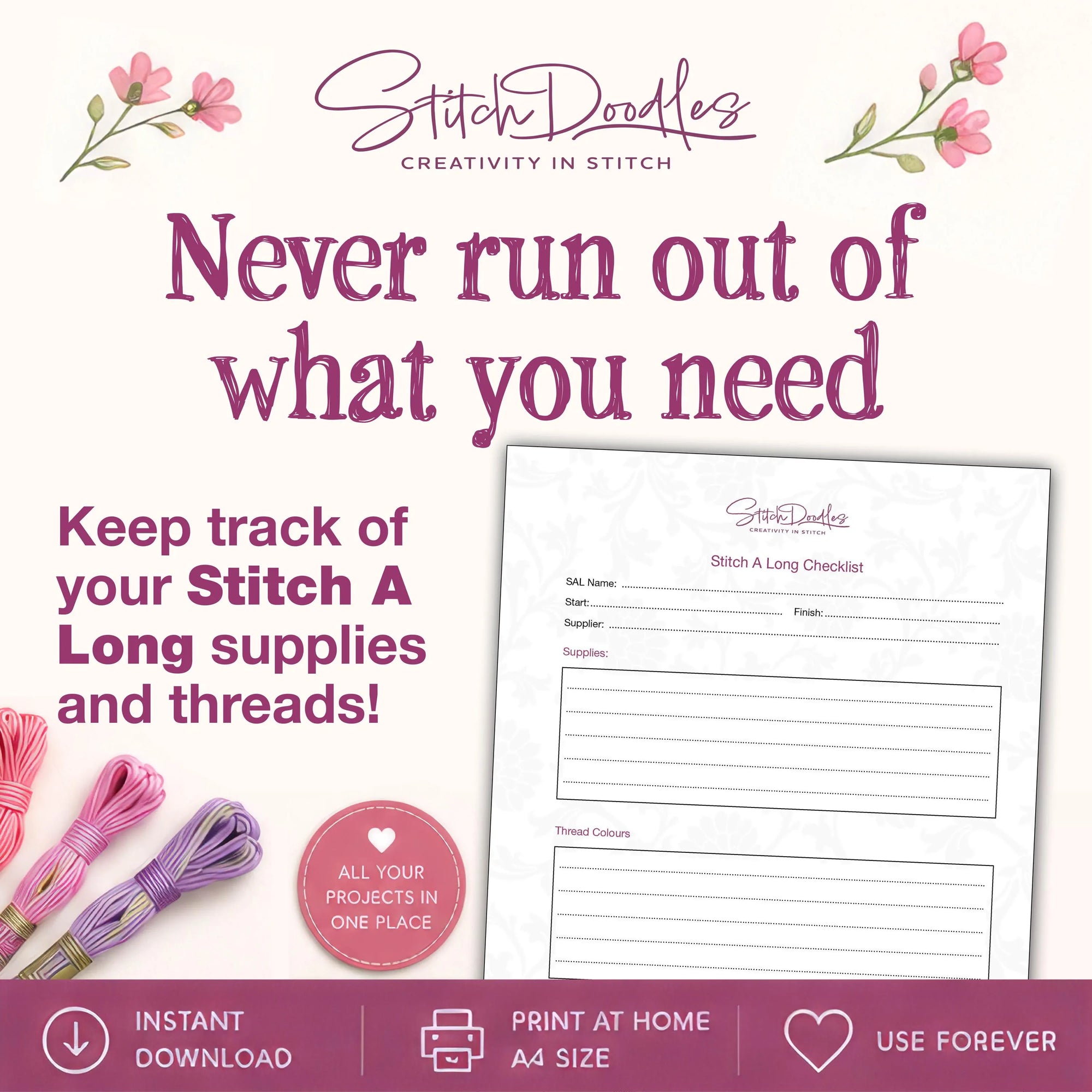 Printable Embroidery Planner Workbook for Tracking Threads, Patterns, Stitches & Projects