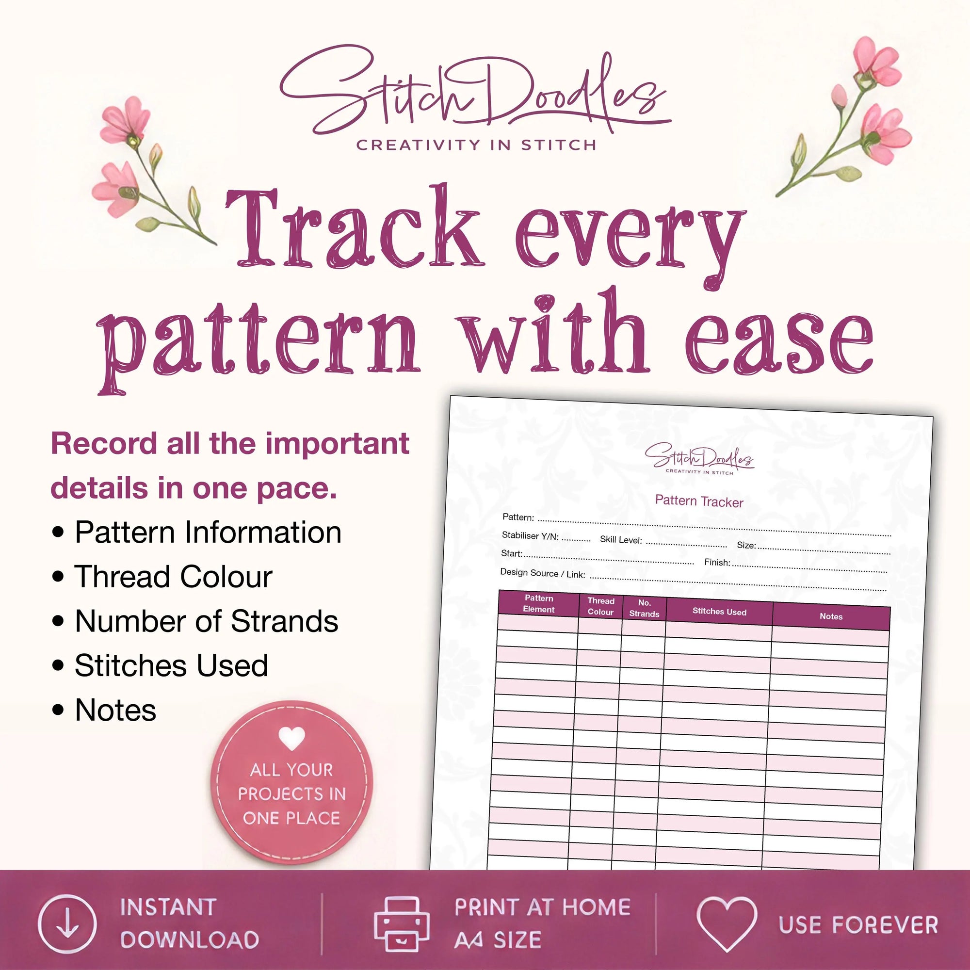 Printable Embroidery Planner Workbook for Tracking Threads, Patterns, Stitches & Projects