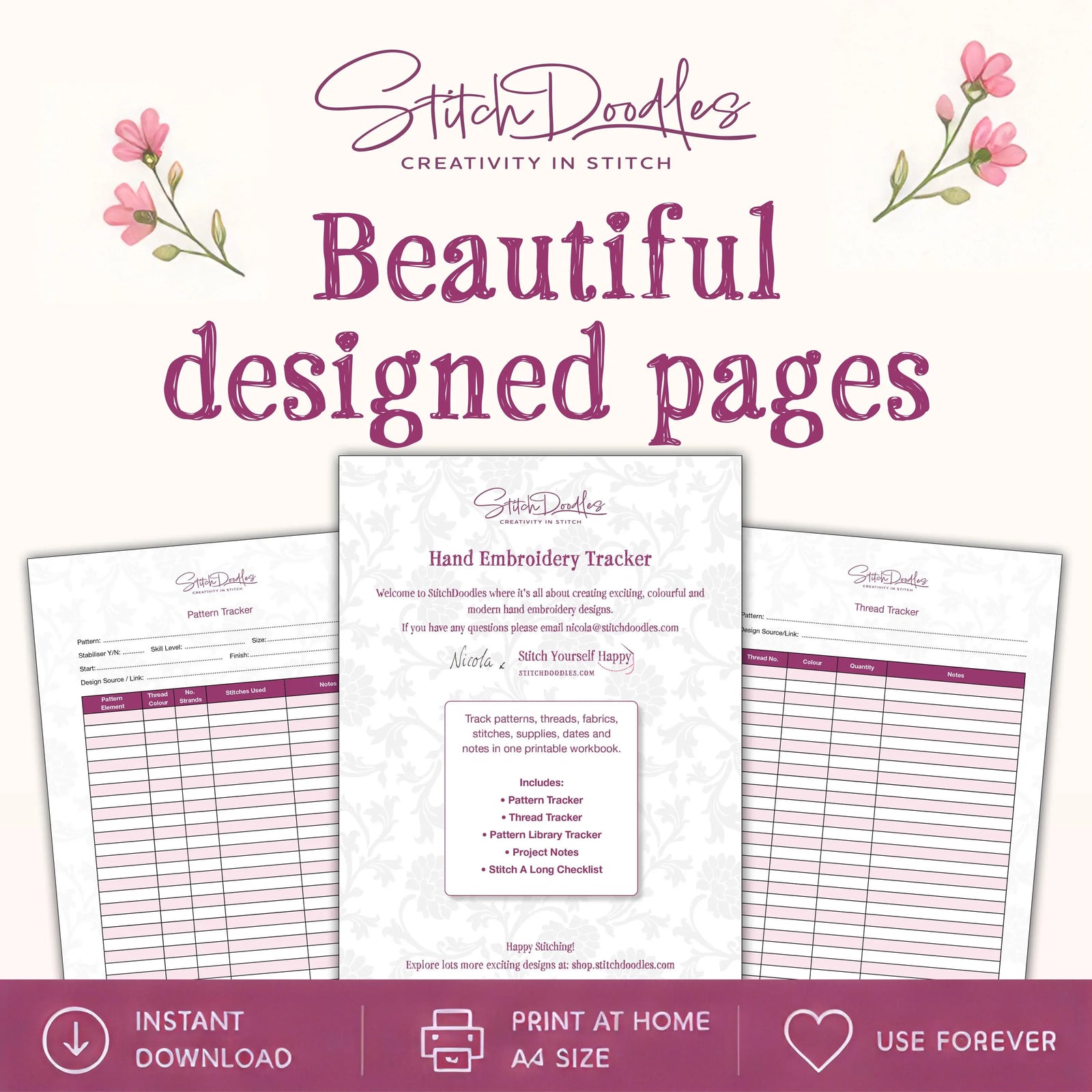 Printable Embroidery Planner Workbook for Tracking Threads, Patterns, Stitches & Projects