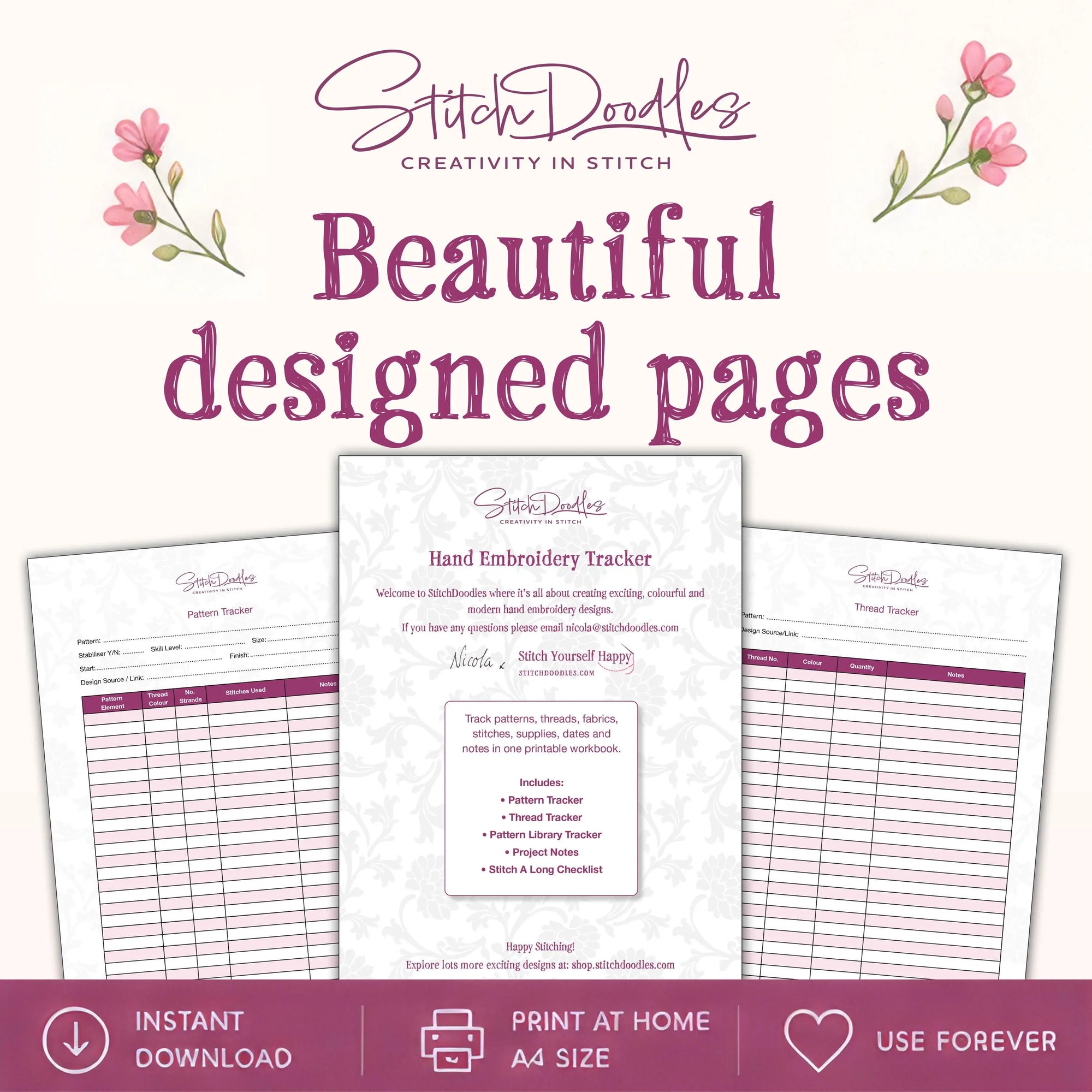 Printable Embroidery Planner Workbook for Tracking Threads, Patterns, Stitches & Projects