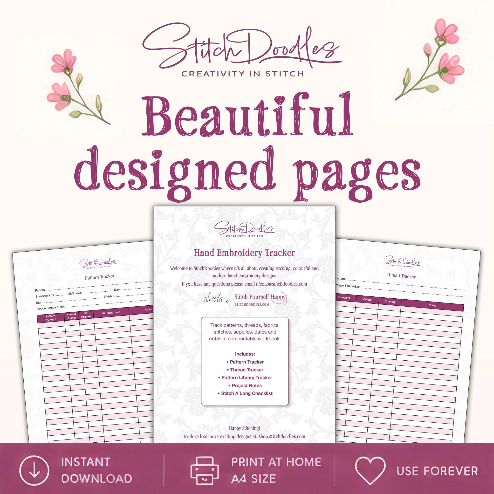 Printable Embroidery Planner Workbook for Tracking Threads, Patterns, Stitches & Projects