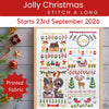 Promotional graphic for a Christmas embroidery kit, showing a framed sample of multicolor embroidered holiday designs including Santa, reindeer, trees, ornaments, and festive patterns. Large text at the top reads 'Jolly Christmas STITCH A LONG Starts 23rd September 2026,' with a red starburst label on the left that says 'Embroidery Kit.