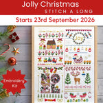 Promotional graphic for a Christmas embroidery kit, showing a framed sample of multicolor embroidered holiday designs including Santa, reindeer, trees, ornaments, and festive patterns. Large text at the top reads 'Jolly Christmas STITCH A LONG Starts 23rd September 2026,' with a red starburst label on the left that says 'Embroidery Kit.
