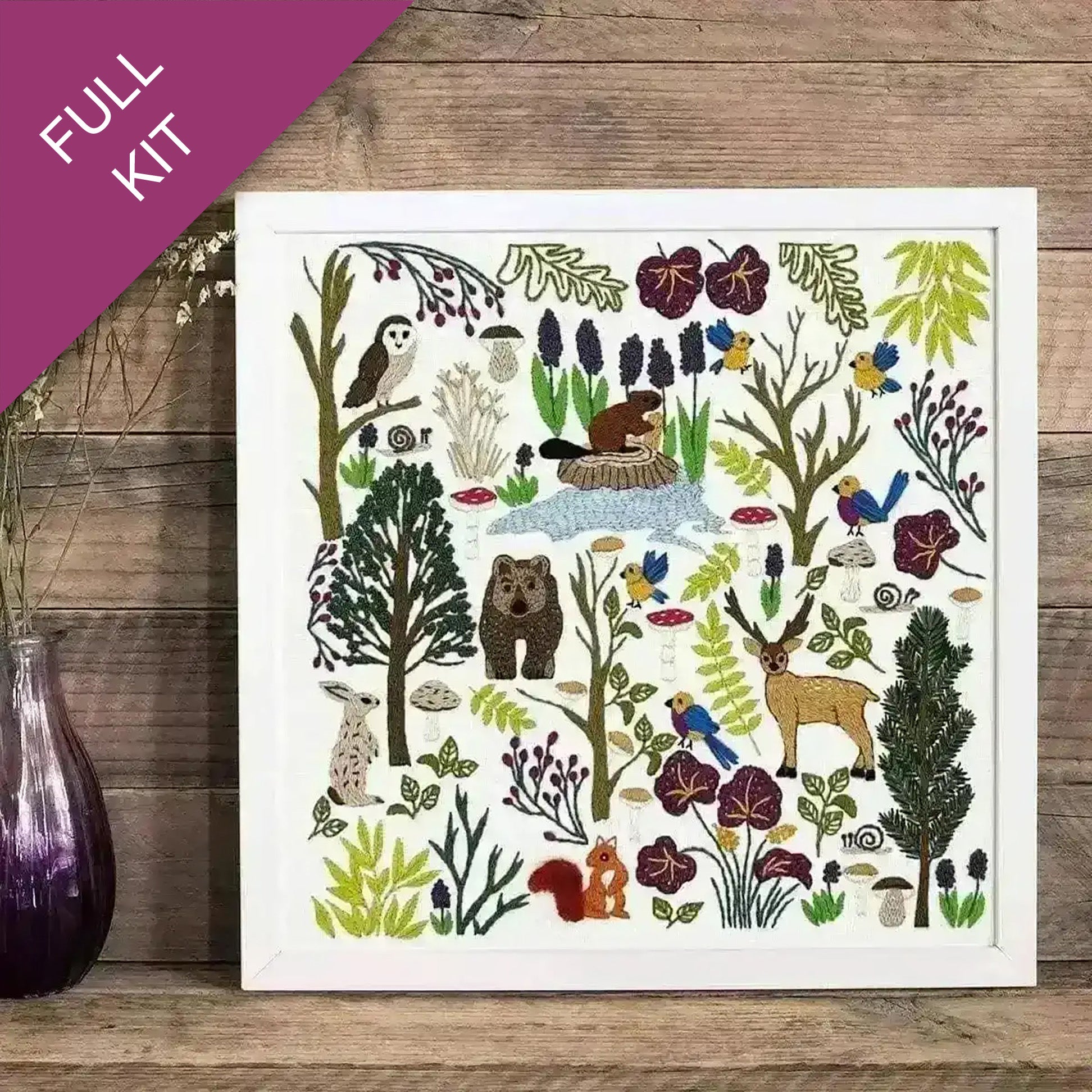 Illustration of forest animals and plants on a wooden surface with a purple vase.