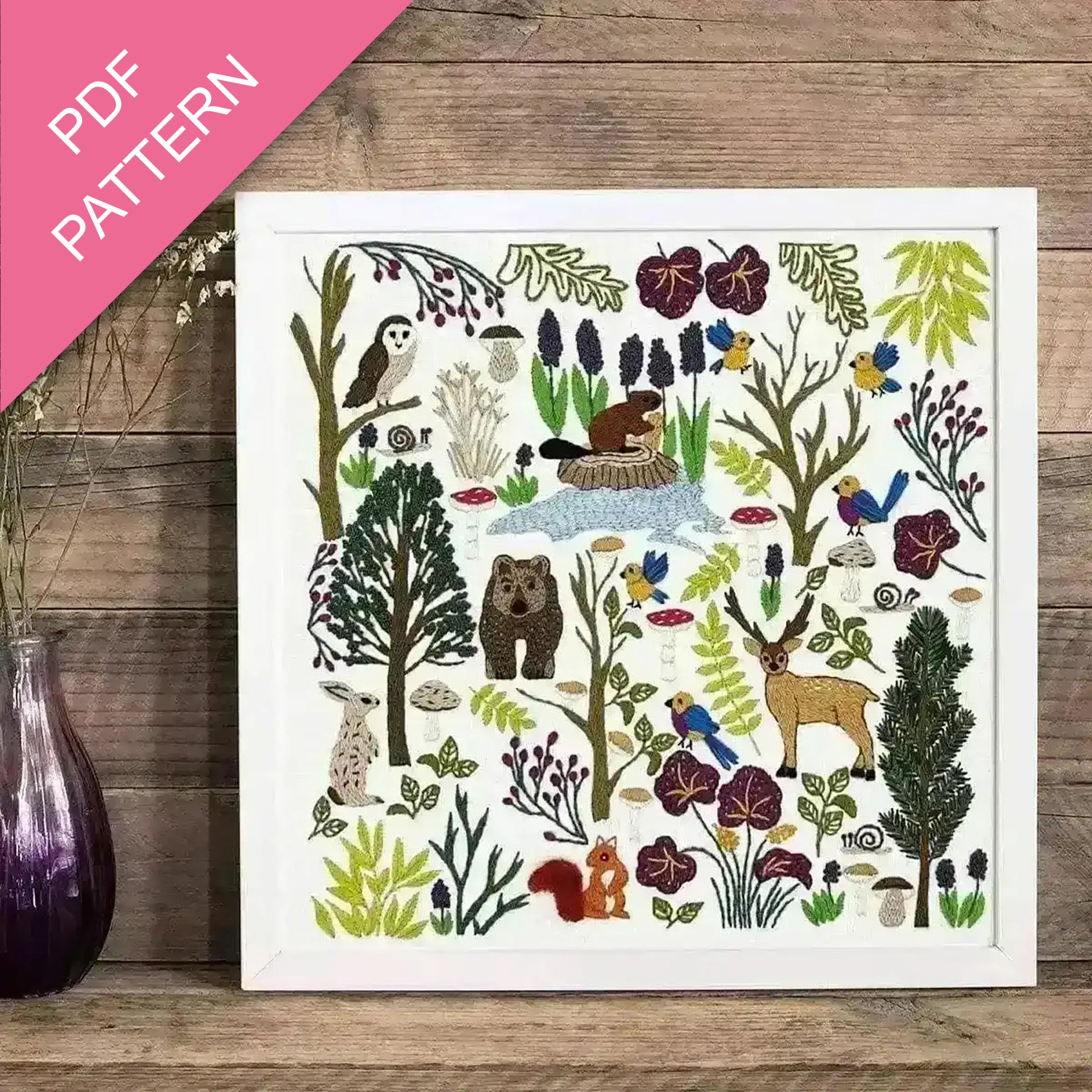 Illustration of forest animals and plants on a wooden surface with a PDF pattern label.