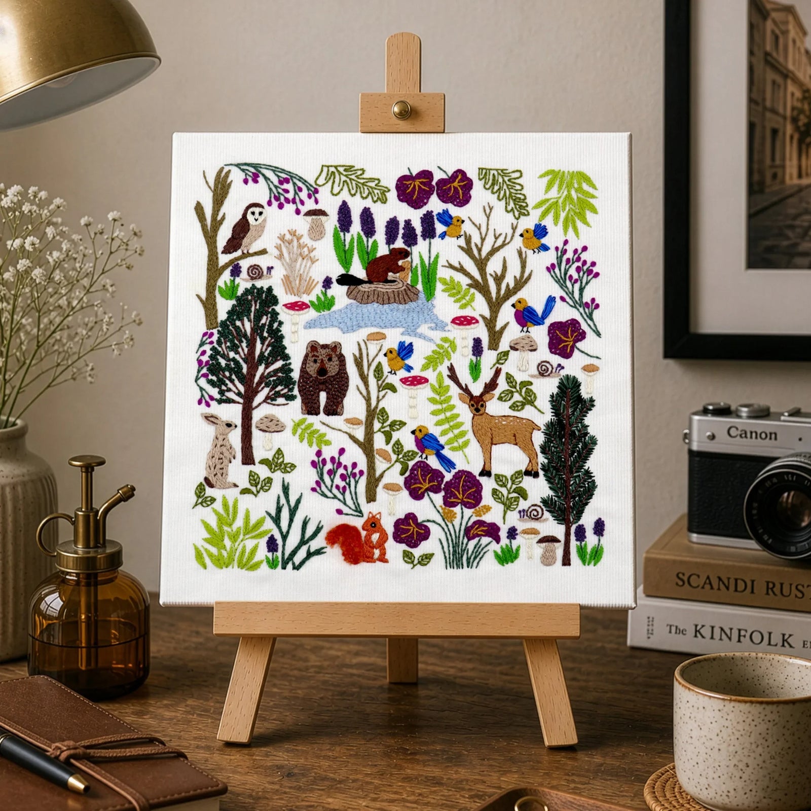 Art print on a small easel in a home office setting with decor items.