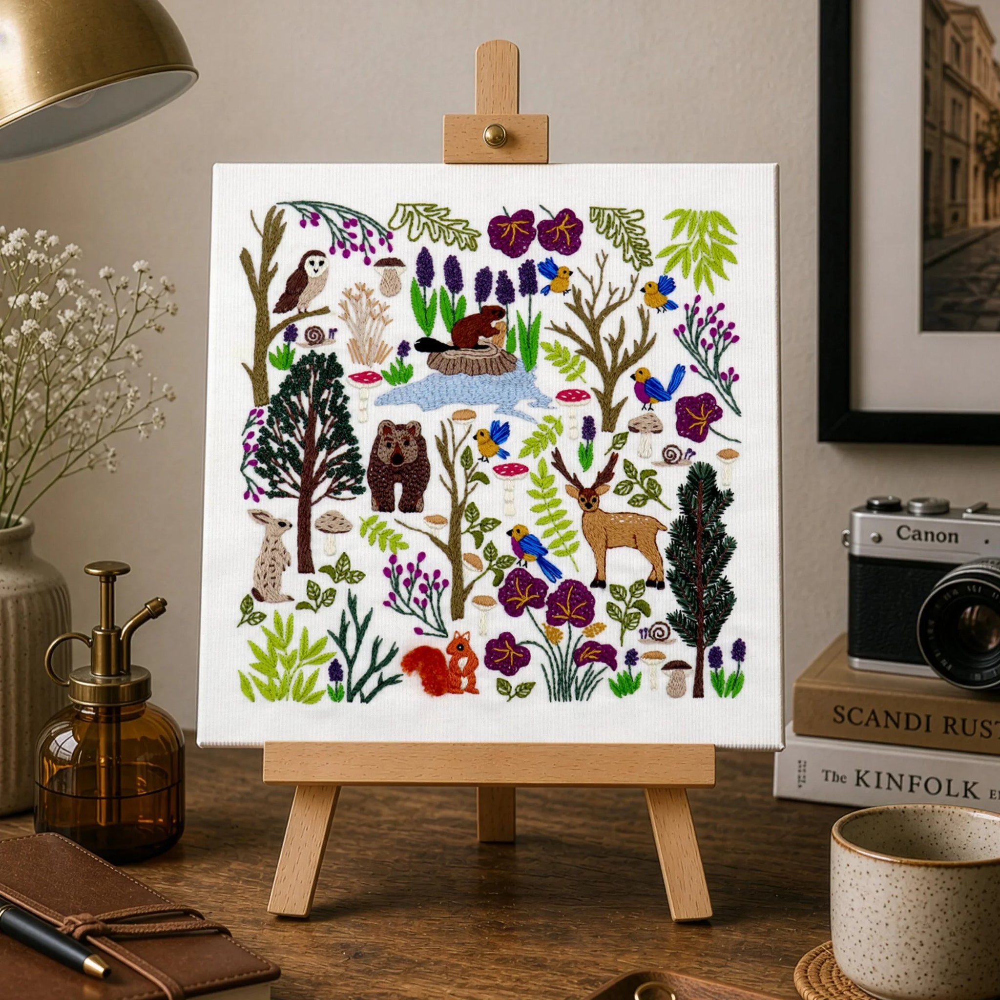 Art print on a small easel in a home office setting with decor items.