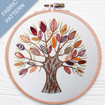 Embroidery hoop with a tree design featuring colorful leaves on a white background.