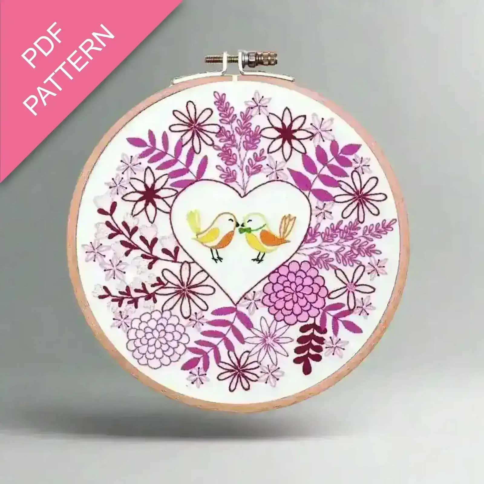 Embroidery hoop with floral and bird design on a white background, labeled 'PDF Pattern'.
