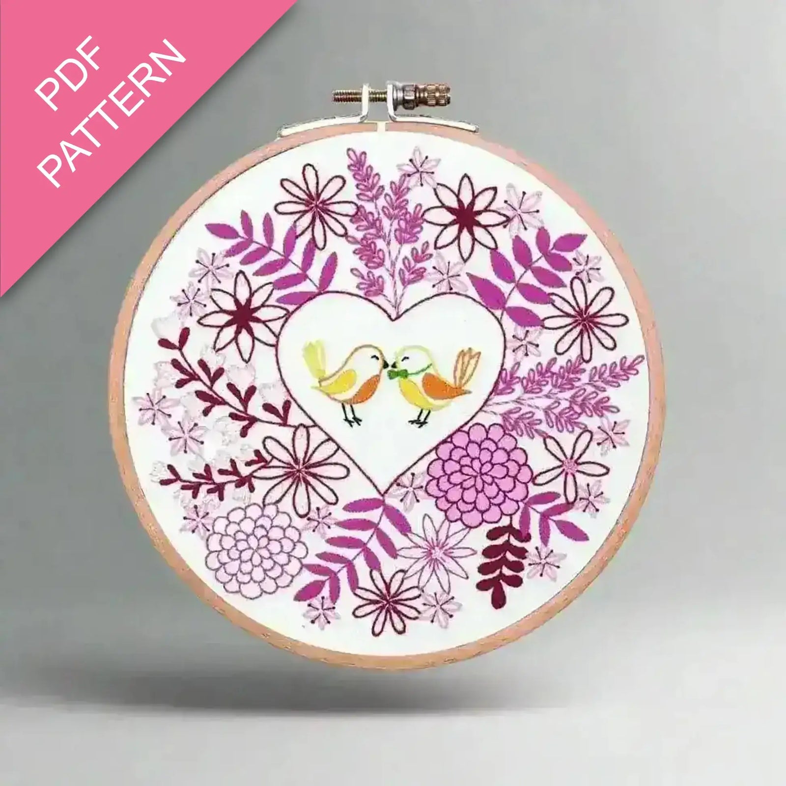 Embroidery hoop with floral and bird design on a white background, labeled 'PDF Pattern'.