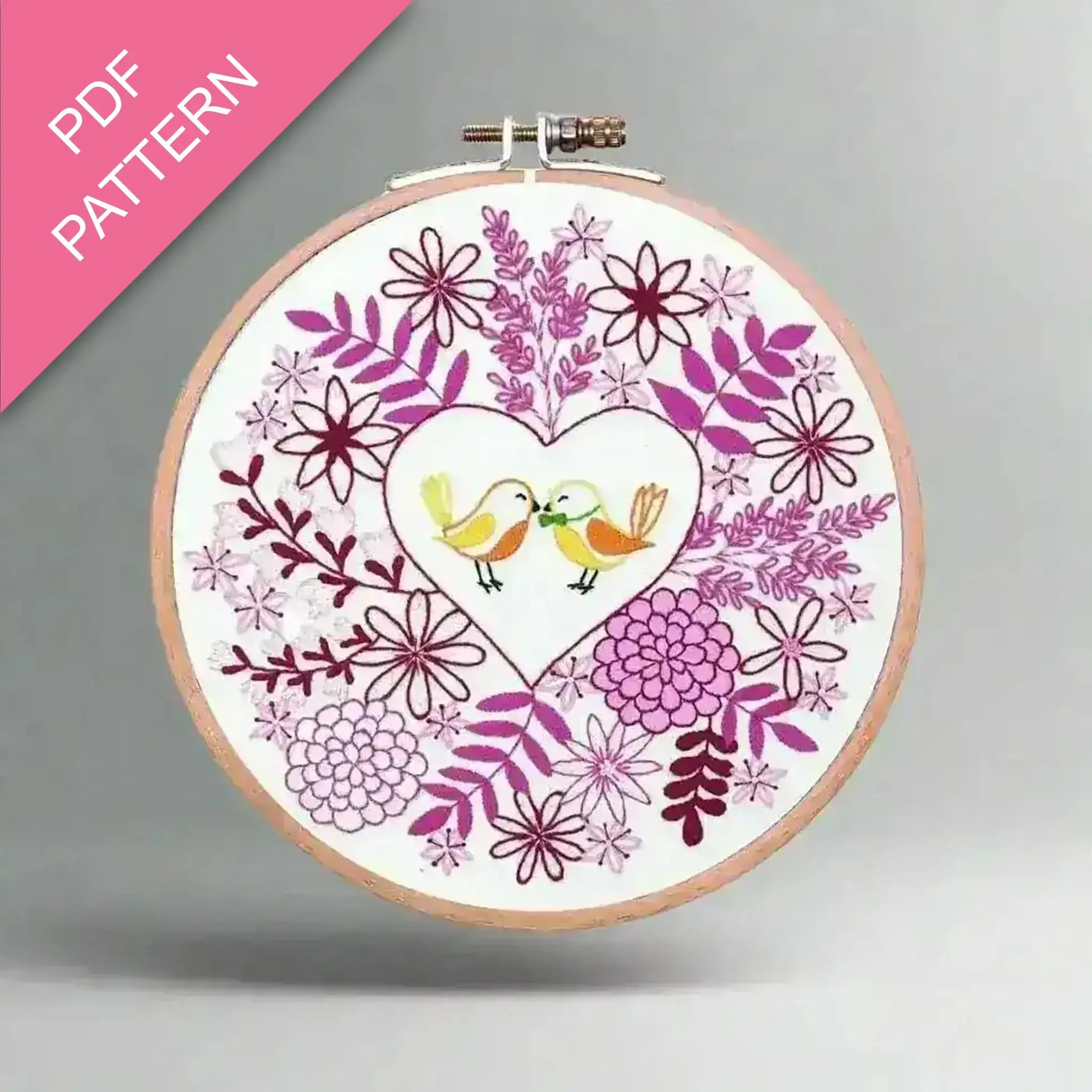 Embroidery hoop with floral and bird design on a white background, labeled 'PDF Pattern'.