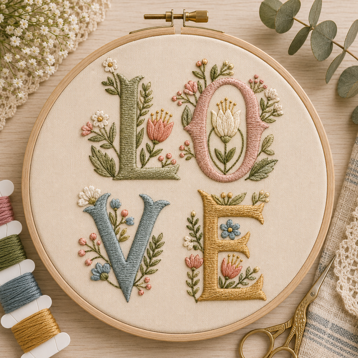 Embroidery hoop with 'LOVE' text and floral patterns on a wooden surface.