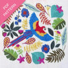 Embroidery design with a colorful parrot and floral patterns on a white background.