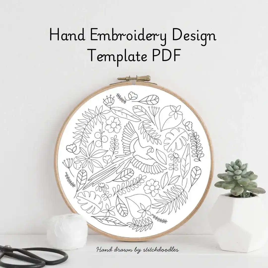 Hand embroidery design template PDF with hoop and floral pattern on a white background