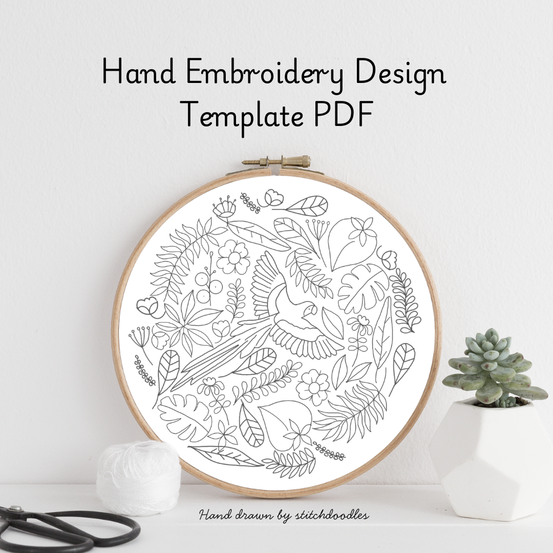 Hand embroidery design template PDF with hoop and floral pattern on a white background