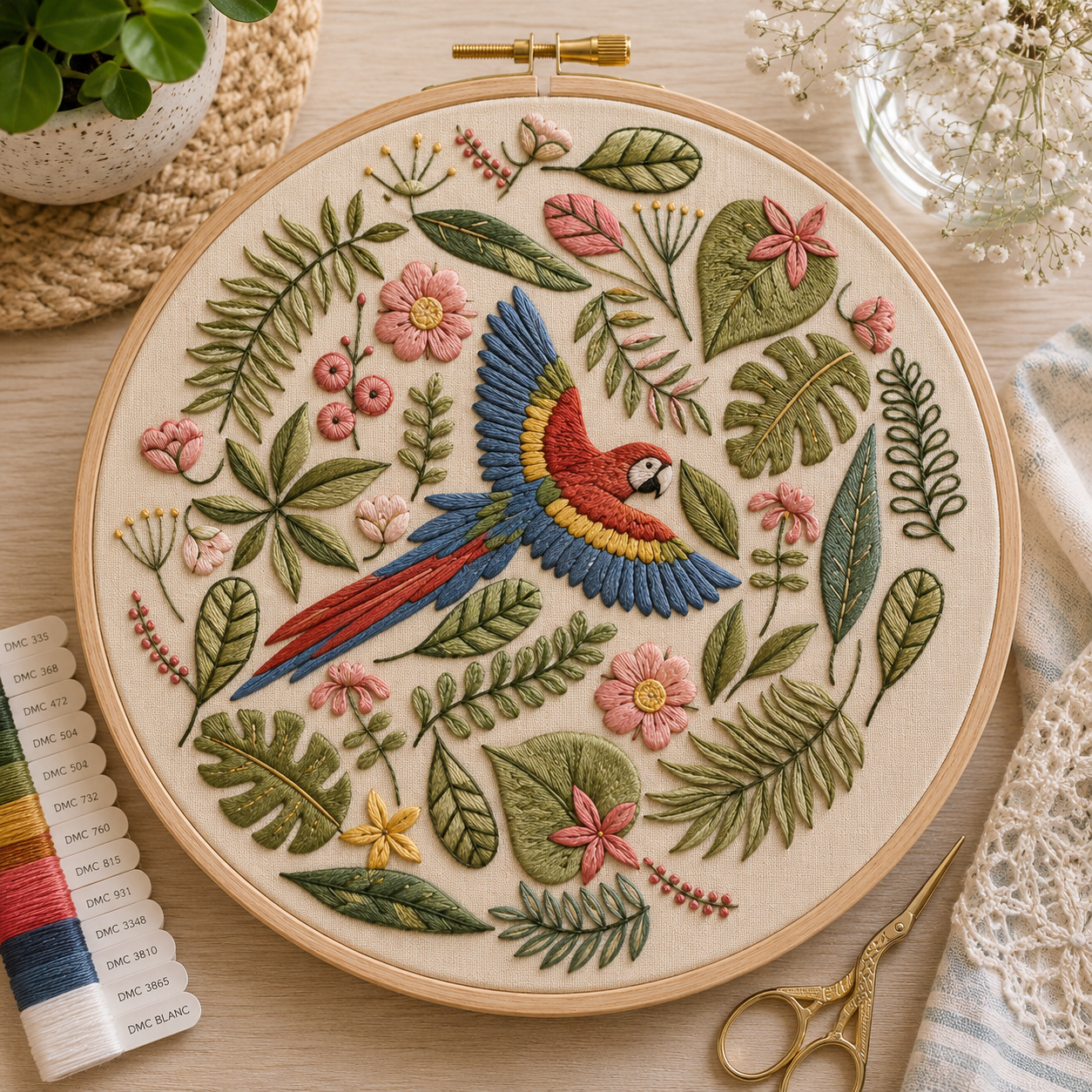 Embroidery hoop with a colorful parrot design surrounded by leaves and flowers on a wooden surface.