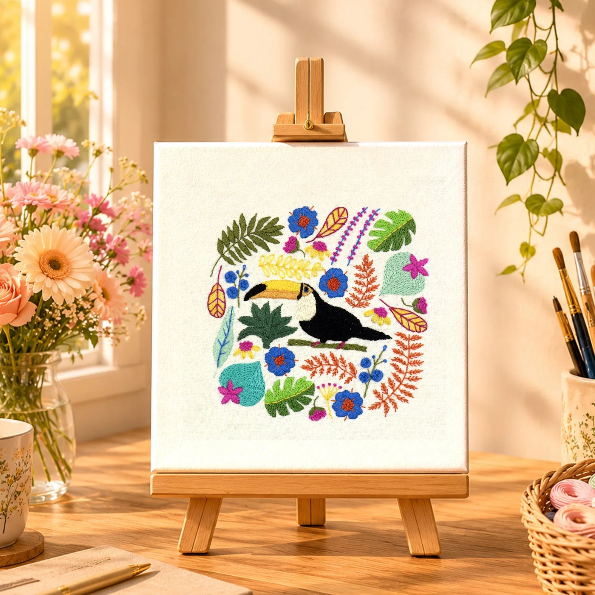 Colorful artwork of a toucan surrounded by flowers and leaves on an easel in a bright room with natural light.