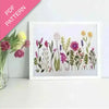 Framed artwork of colorful floral pattern with a pink triangle labeled 'PDF Pattern' on a white background.