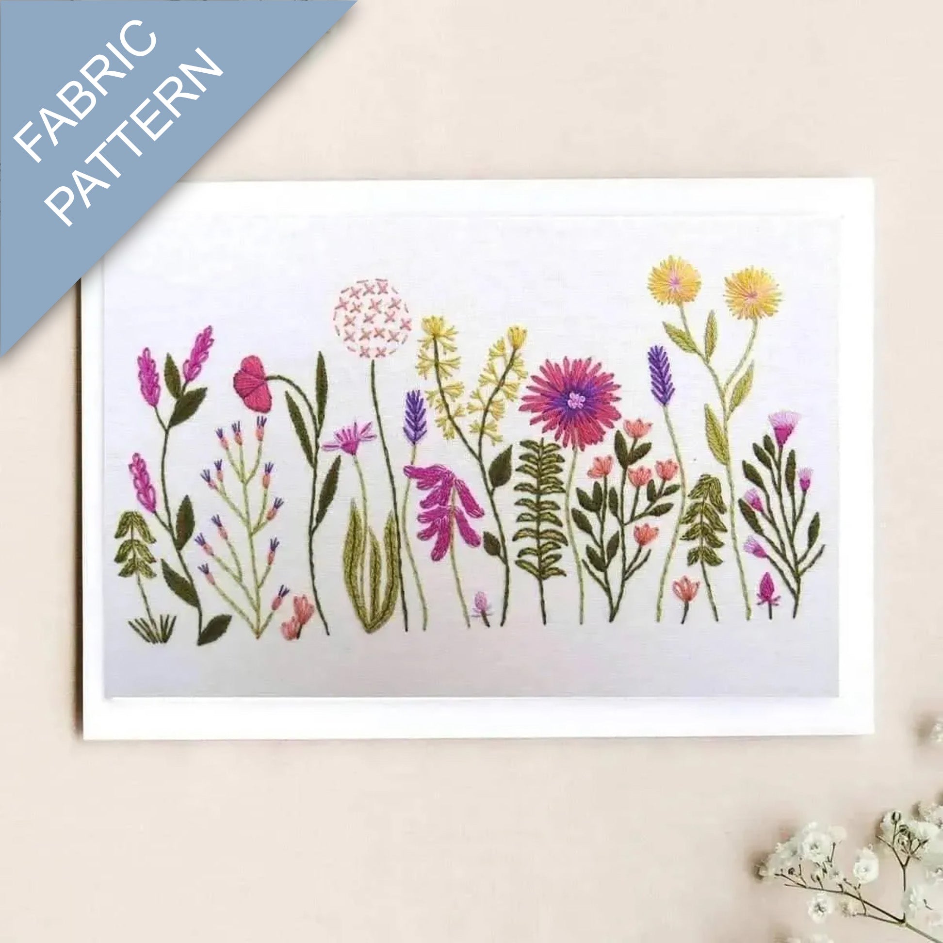 Fabric pattern with colorful floral design on a white background