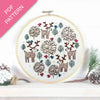 Embroidery hoop with Christmas deer and tree pattern on a white background
