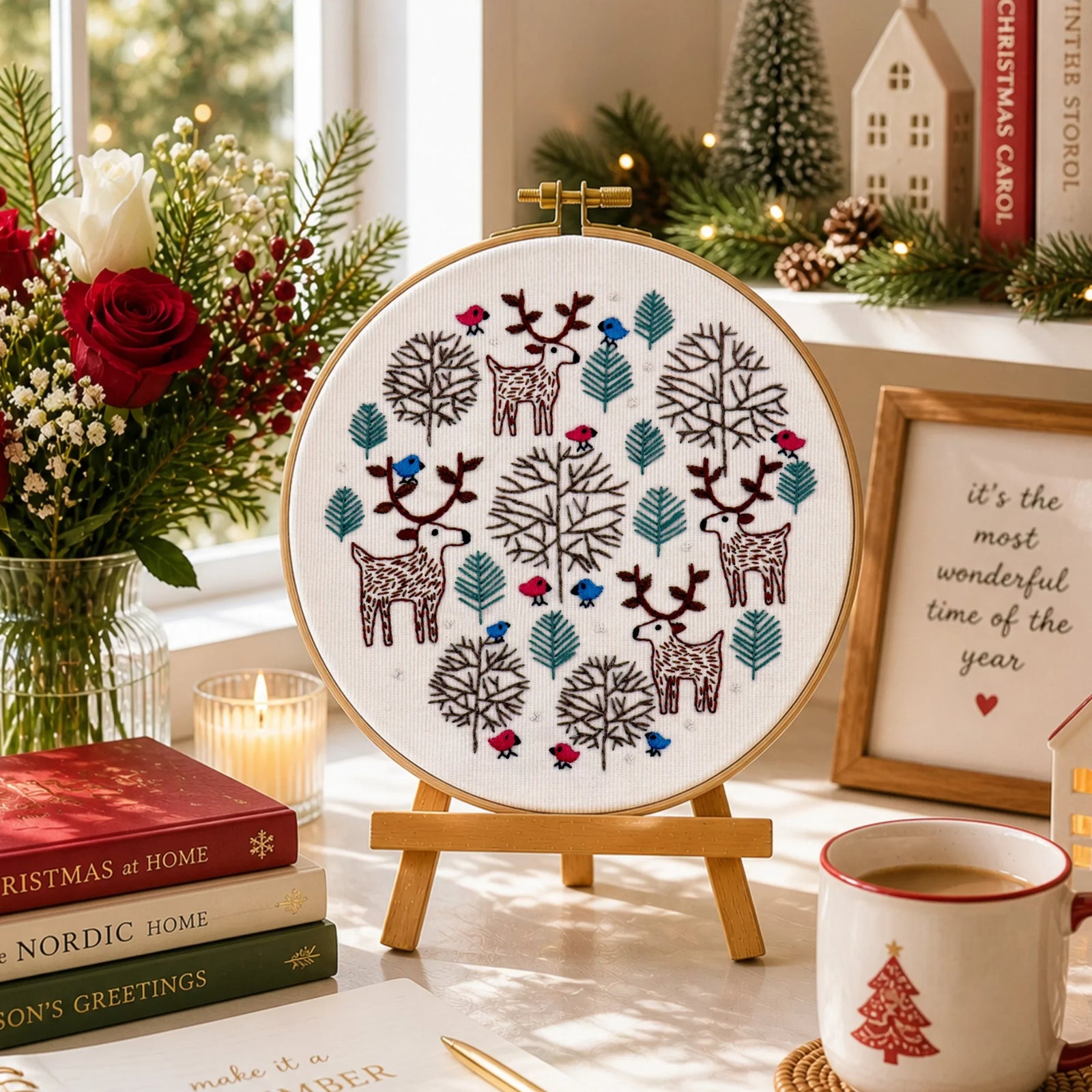 Decorative embroidery hoop with Christmas-themed design on a table with books, flowers, and a mug.