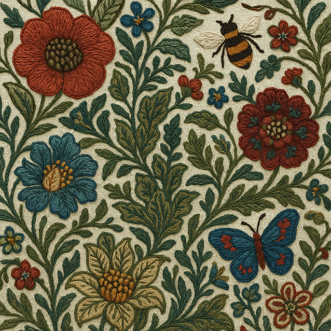 Embroidered pattern with flowers, leaves, a bee, and a butterfly on a beige background.
