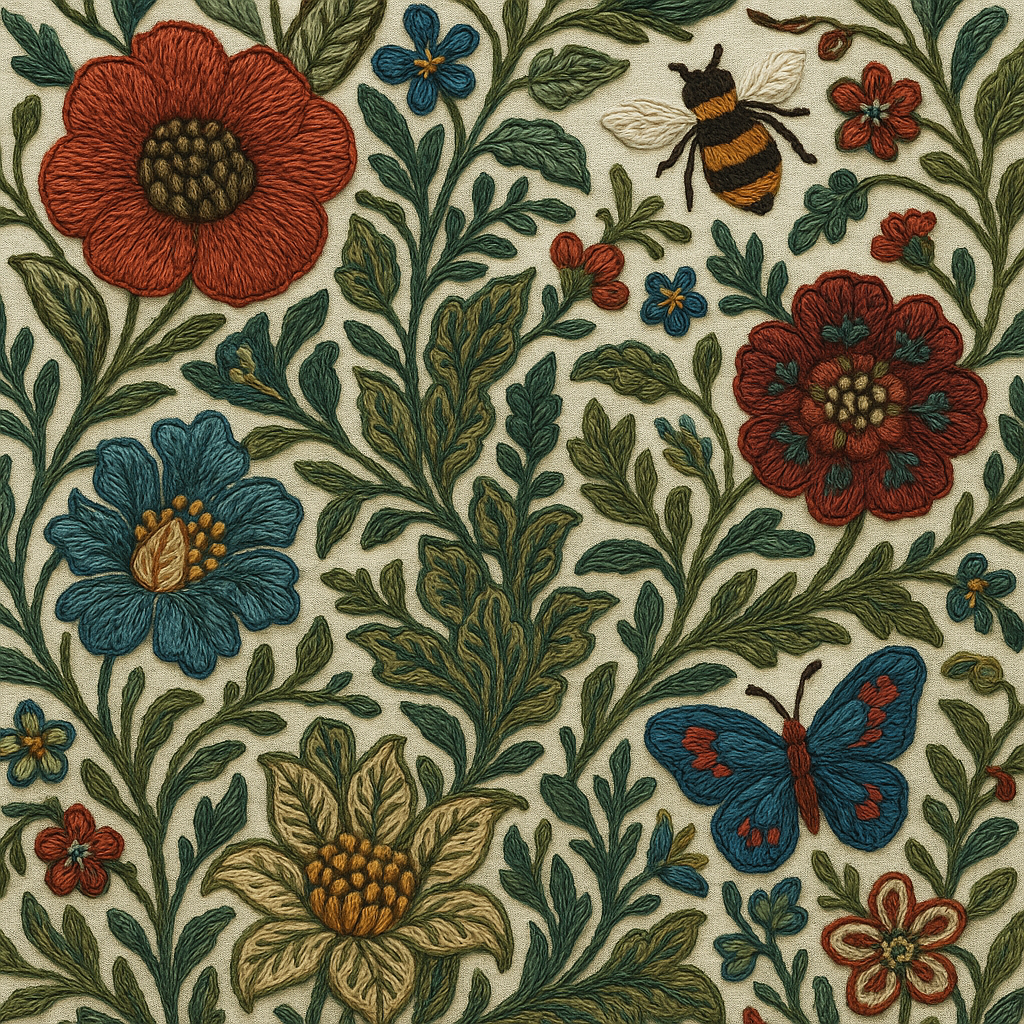 Embroidered pattern with flowers, leaves, a bee, and a butterfly on a beige background.