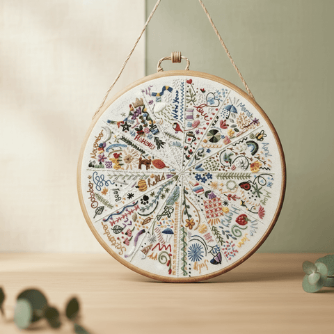 Embroidery hoop with colorful embroidered design on a wooden surface.