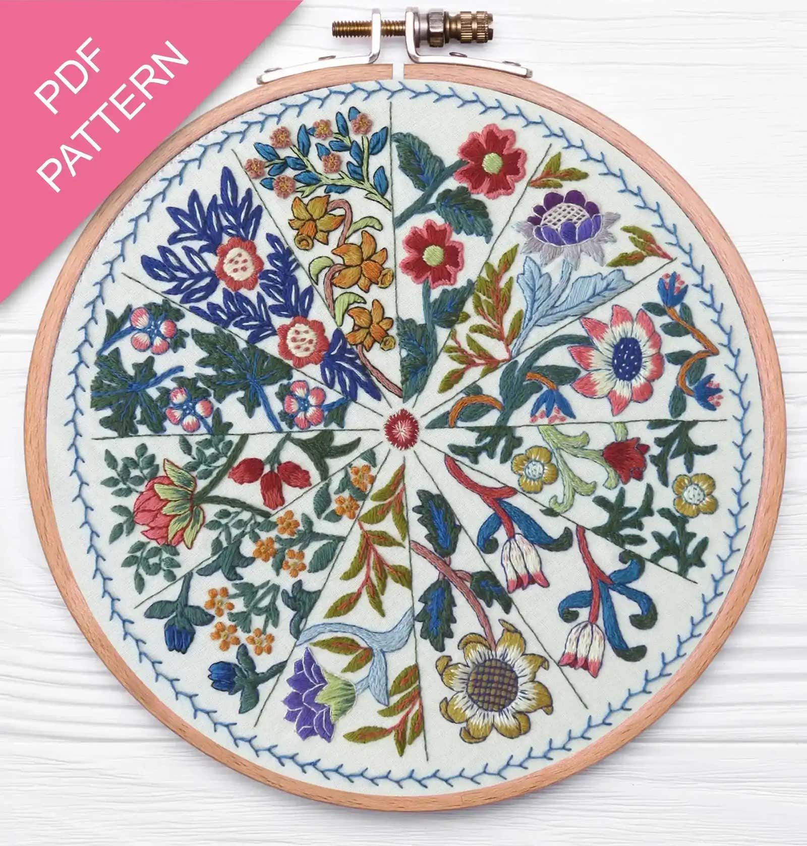 Embroidery hoop with floral pattern on a white background