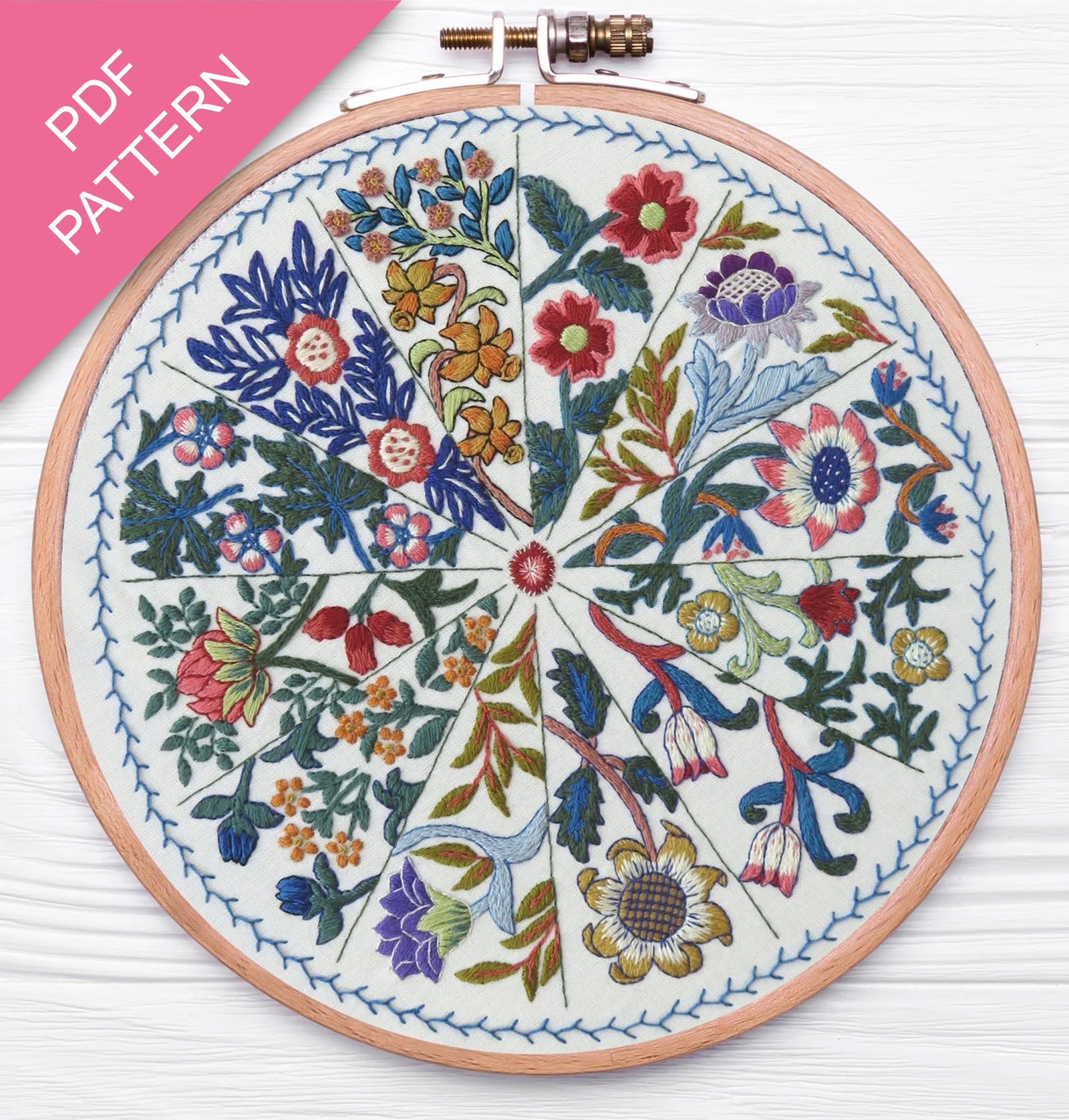 Embroidery hoop with floral pattern on a white background