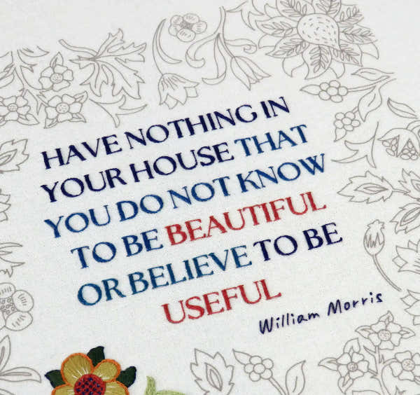 Decorative book cover with floral patterns and a quote by William Morris.