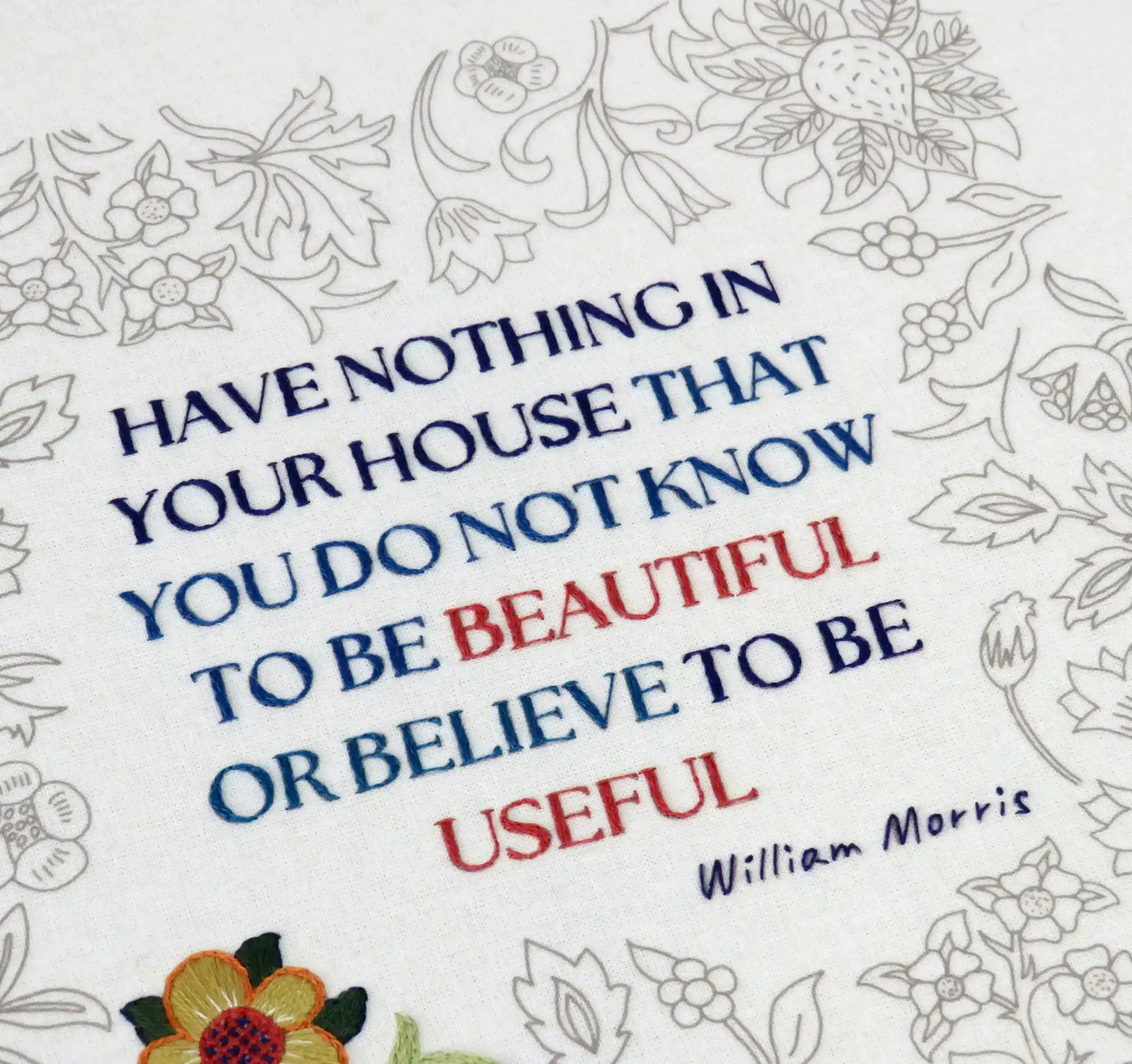 Decorative book cover with floral patterns and a quote by William Morris.