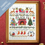 Framed Christmas-themed fabric pattern with reindeer, Santa's sleigh, and festive elements on a red background.