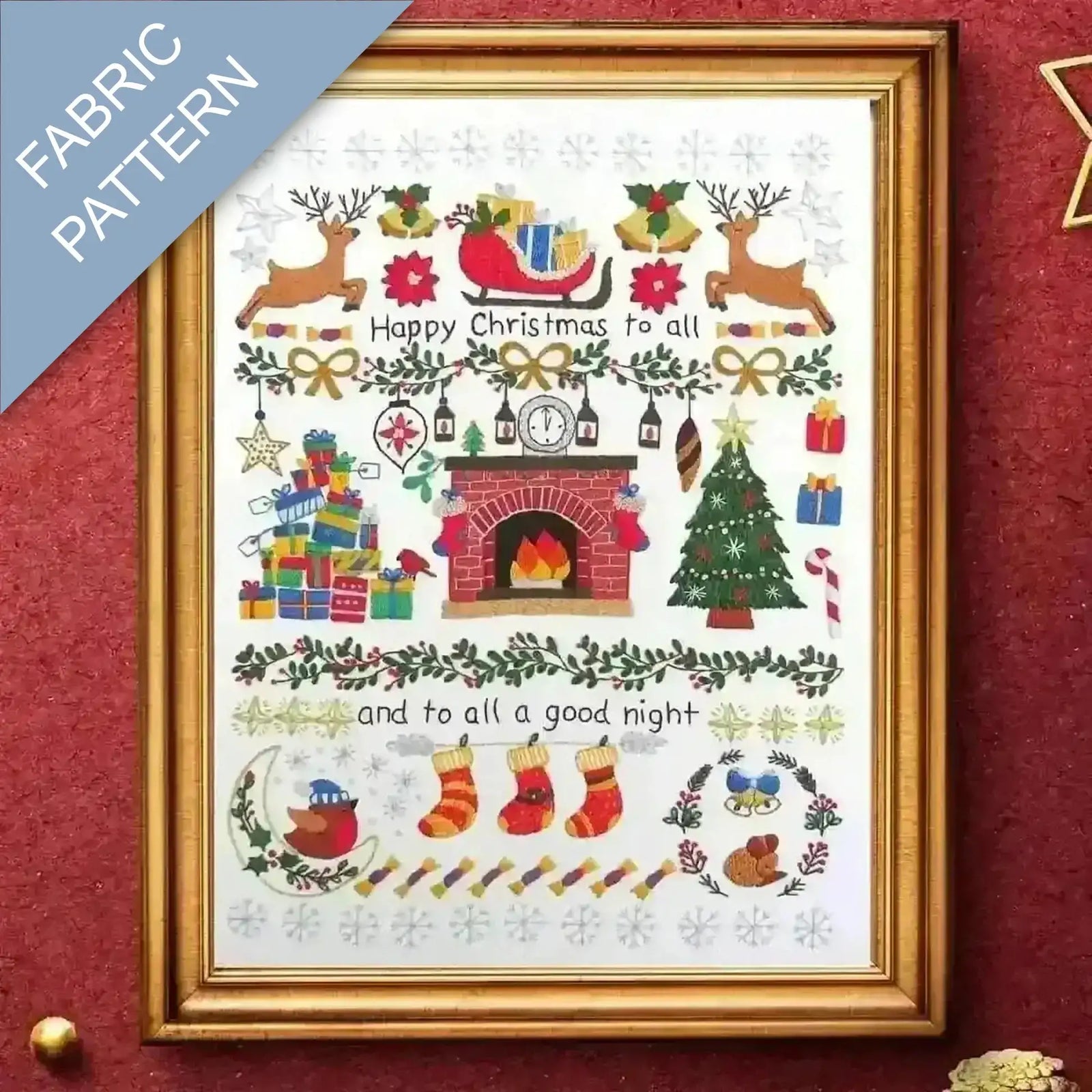 Framed Christmas-themed fabric pattern with reindeer, Santa's sleigh, and festive elements on a red background.