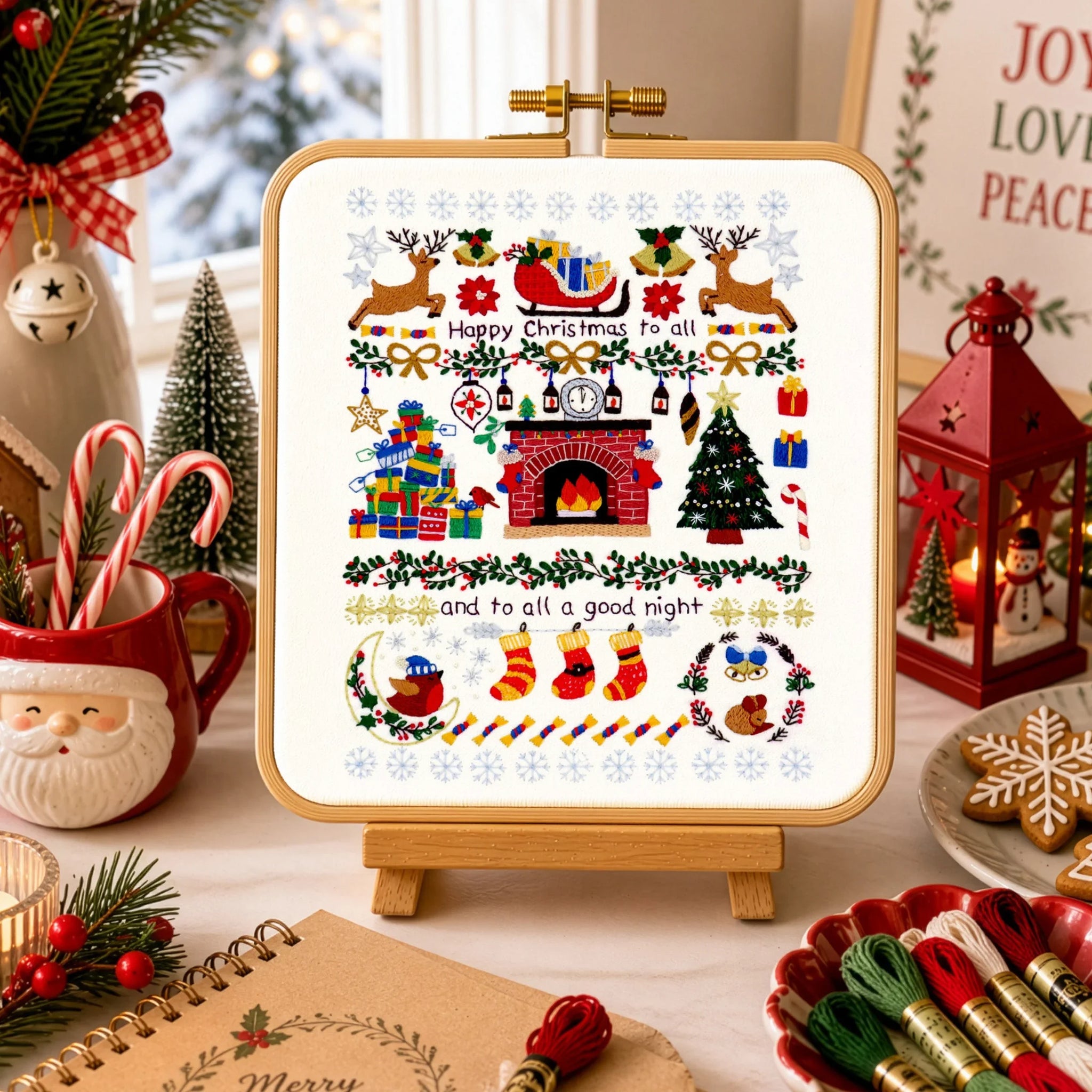 Christmas-themed cross-stitch design on a lightbox with festive decorations around.